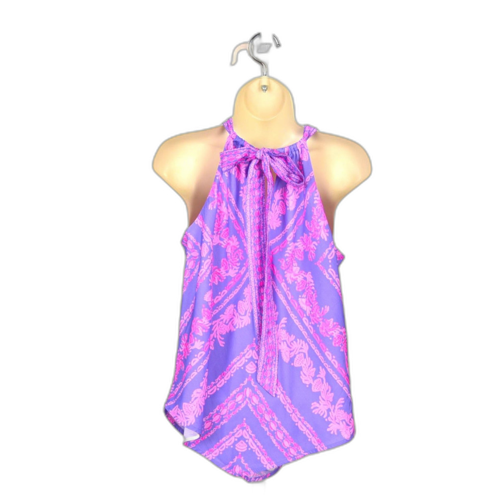 Lilly Pulitzer Julien Purple Floral Tie Neck Halter Top Size XS